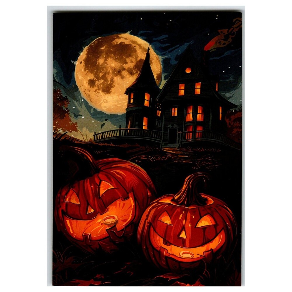 Vintage Halloween Postcard Jack O Lanterns Haunted House Full Moon Spooky Decor